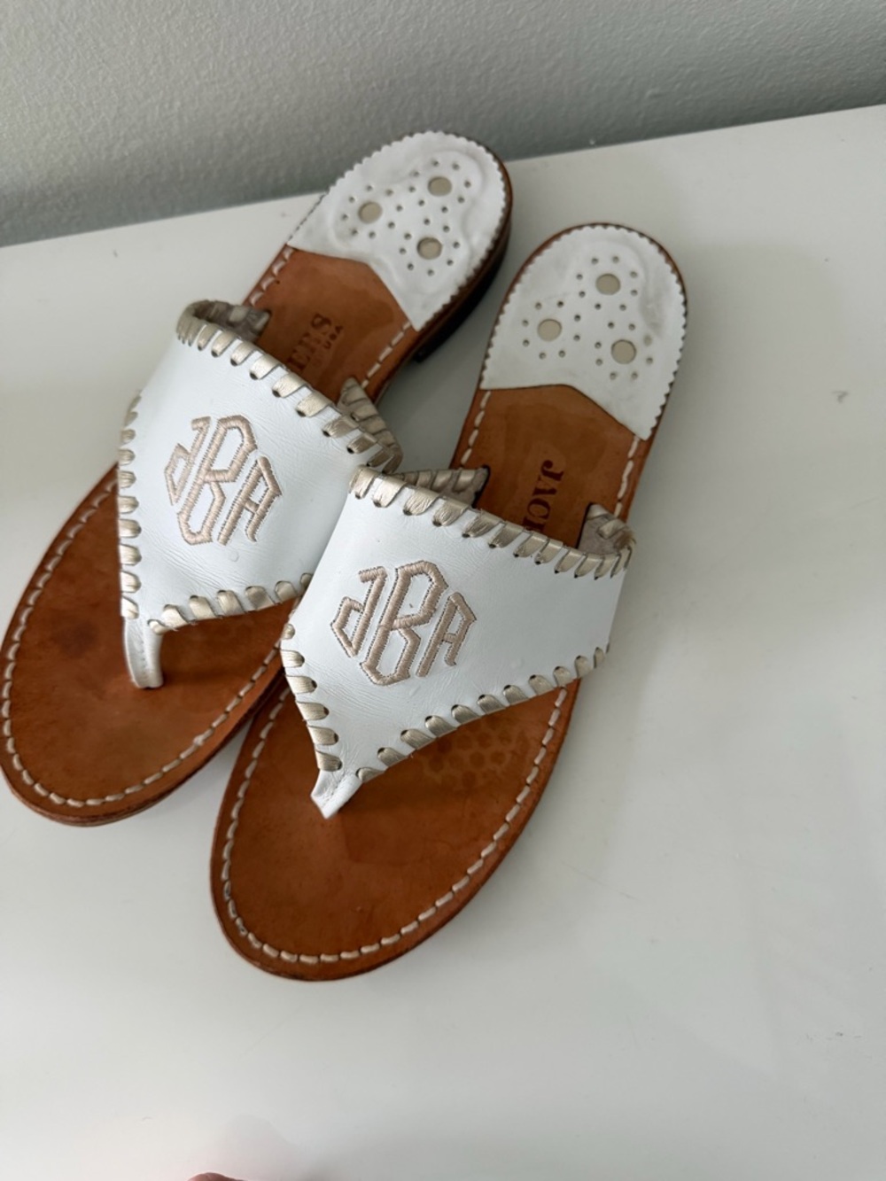 Jack Rogers White Leather Monogram Thong Sandals with Tan Footbed
